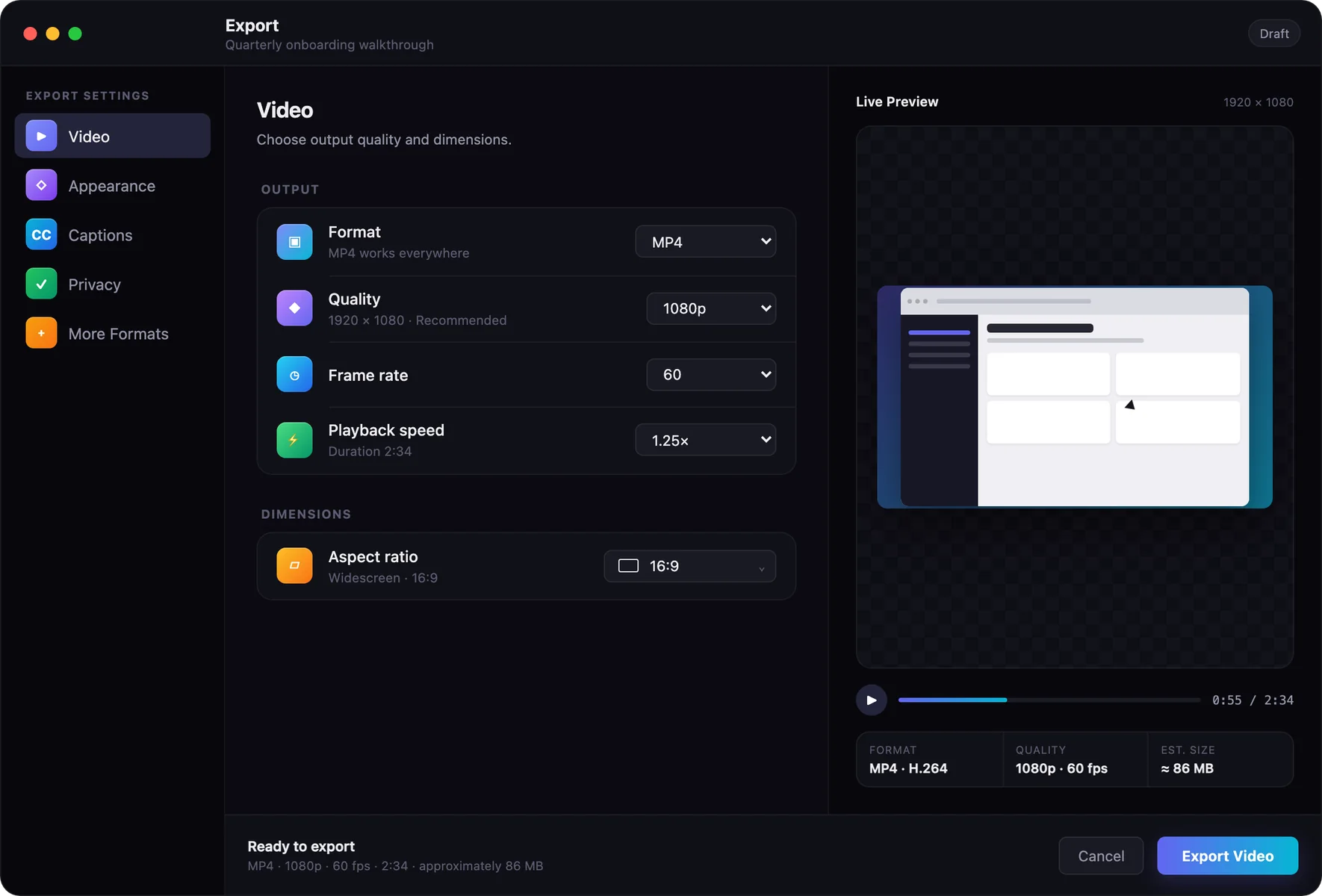 The AutoEditz export window with format, quality, frame rate, and playback speed settings beside a live preview